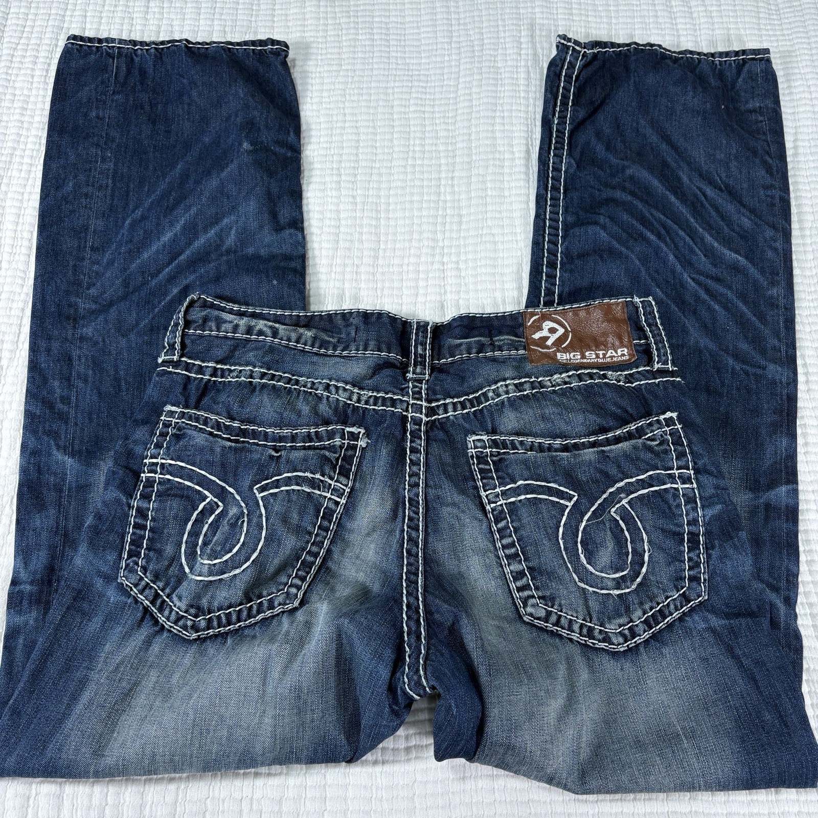 Big Star Voyager Jeans Mens 36L Blue Denim Loose Distressed Thick Stitch Faded