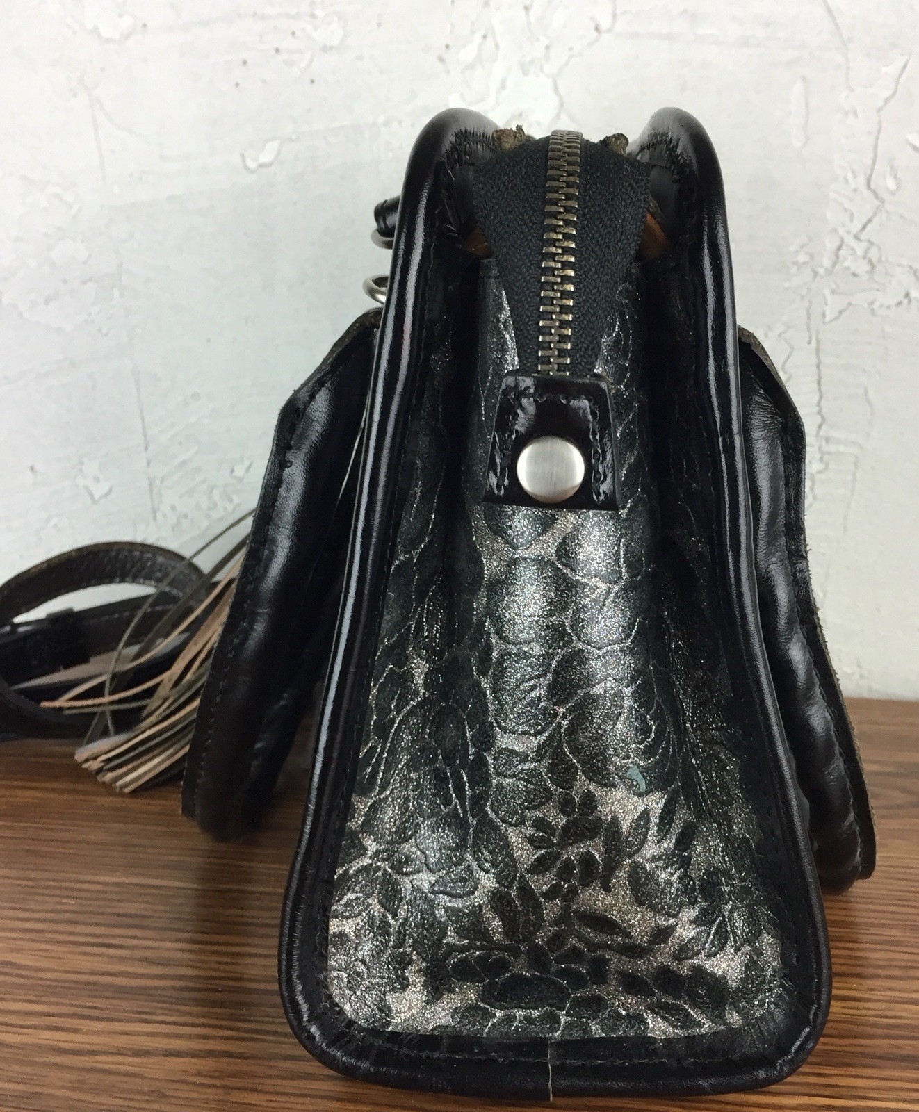 PATRICIA NASH Small Paris Glitter Rose Leather Satchel Crossbody Tassels