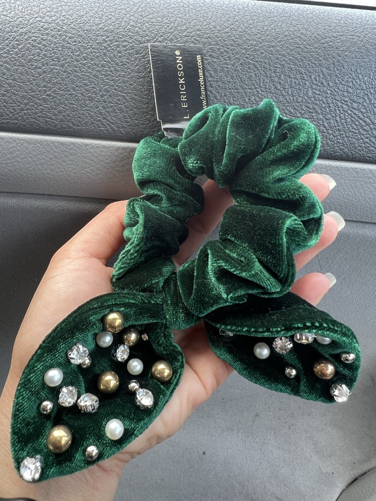 L. Erickson Green Velvet Bow Scrunchie Rhinestone Pearl Hair Tie NWT