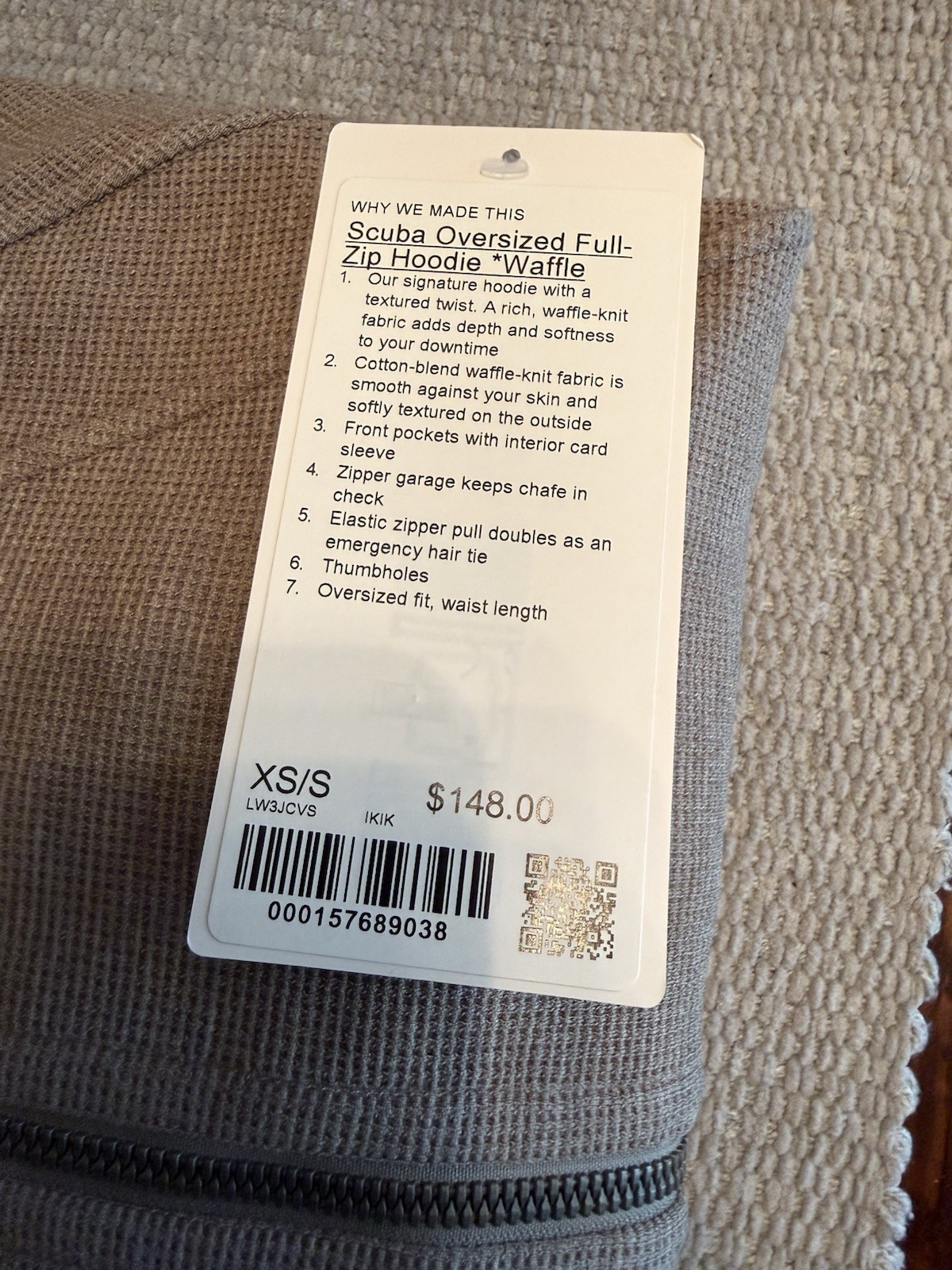 Lululemon Size XS/Small Scuba Oversized Full-Zip Hoodie Waffle, Warm Ash Grey