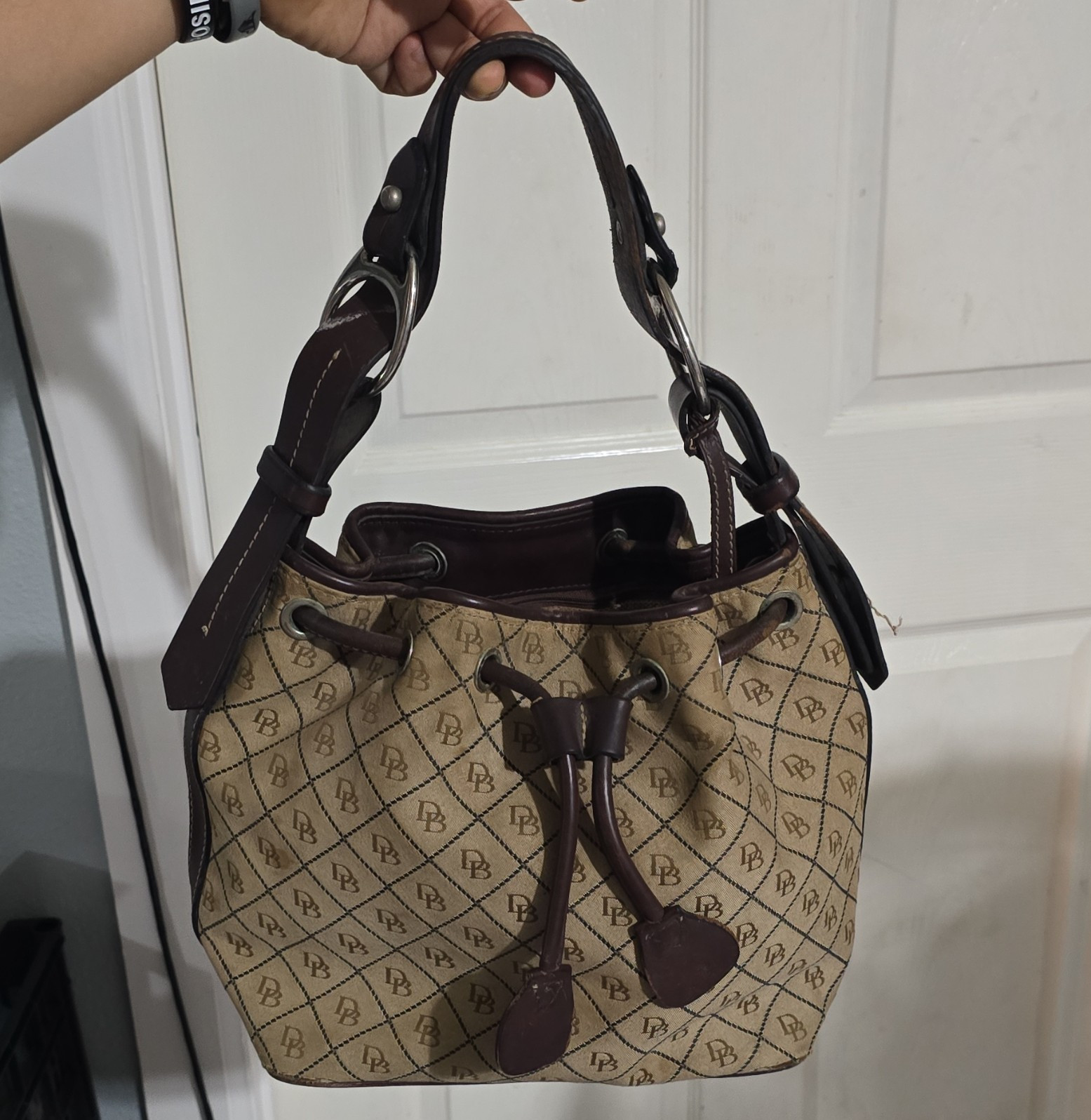 Dooney & Bourke Beige/Brown Logo Bucket Drawstring Shoulder Bag, Silver HW