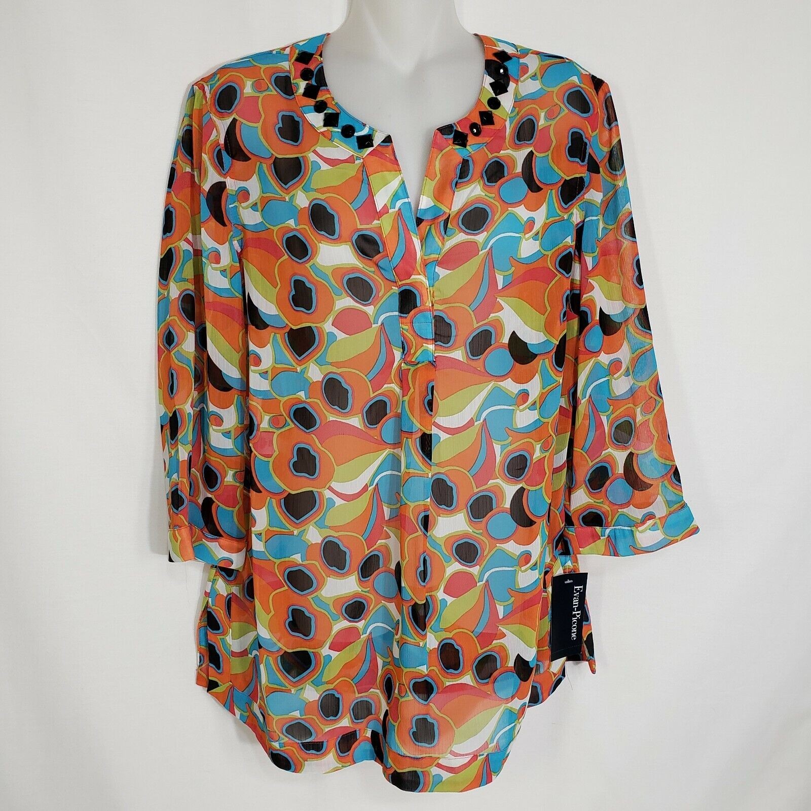 Evan Picone Womens Top Size 6 Tunic 3/4 Sleeve Semi Sheer Blouse Jewel Neckline