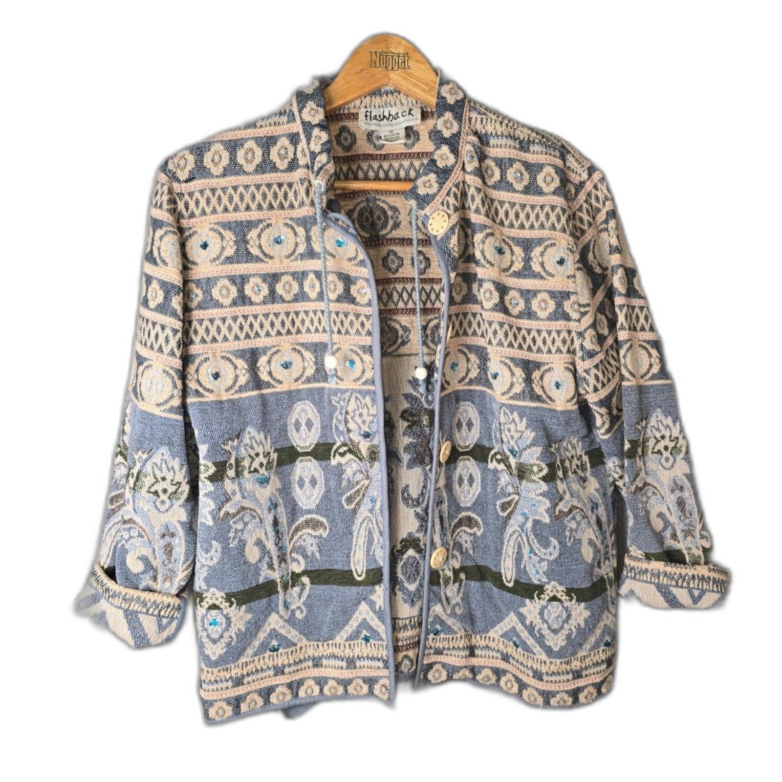 Vintage 90s Flashback Womens Tapestry Jacket M Blue Cotton Rayon Made India
