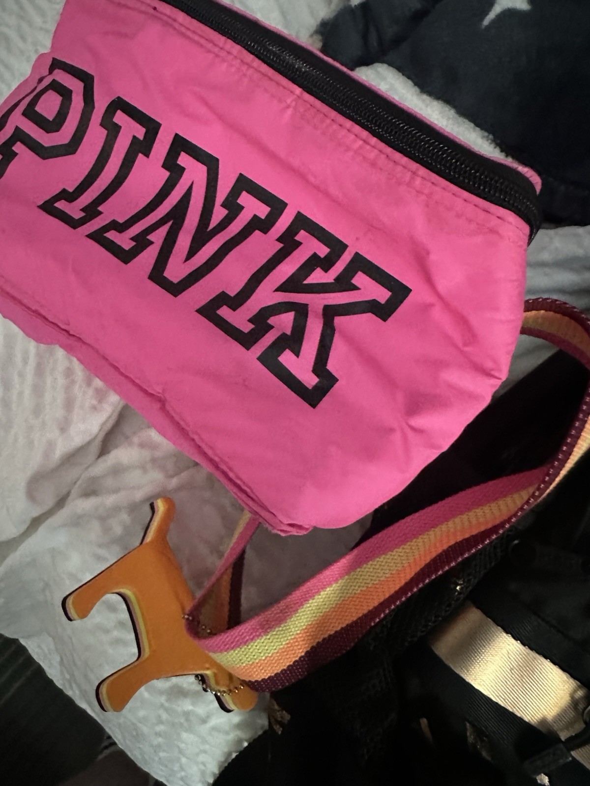 PINK Pink Small Crossbody Bag w/ Multicolor Adjustable Strap Dog Charm