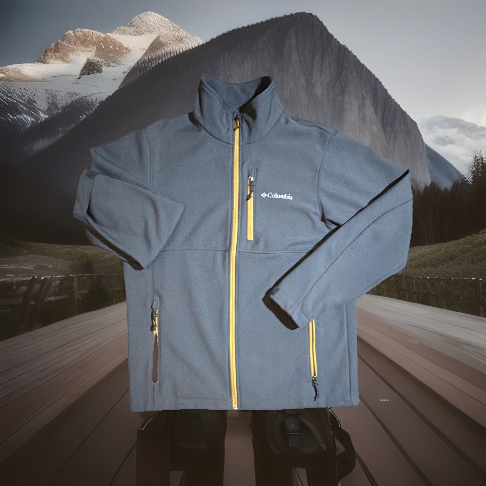 Columbia Softshell Full Zip Jacket Gray/Yellow Zippers Pockets Men’s Size M