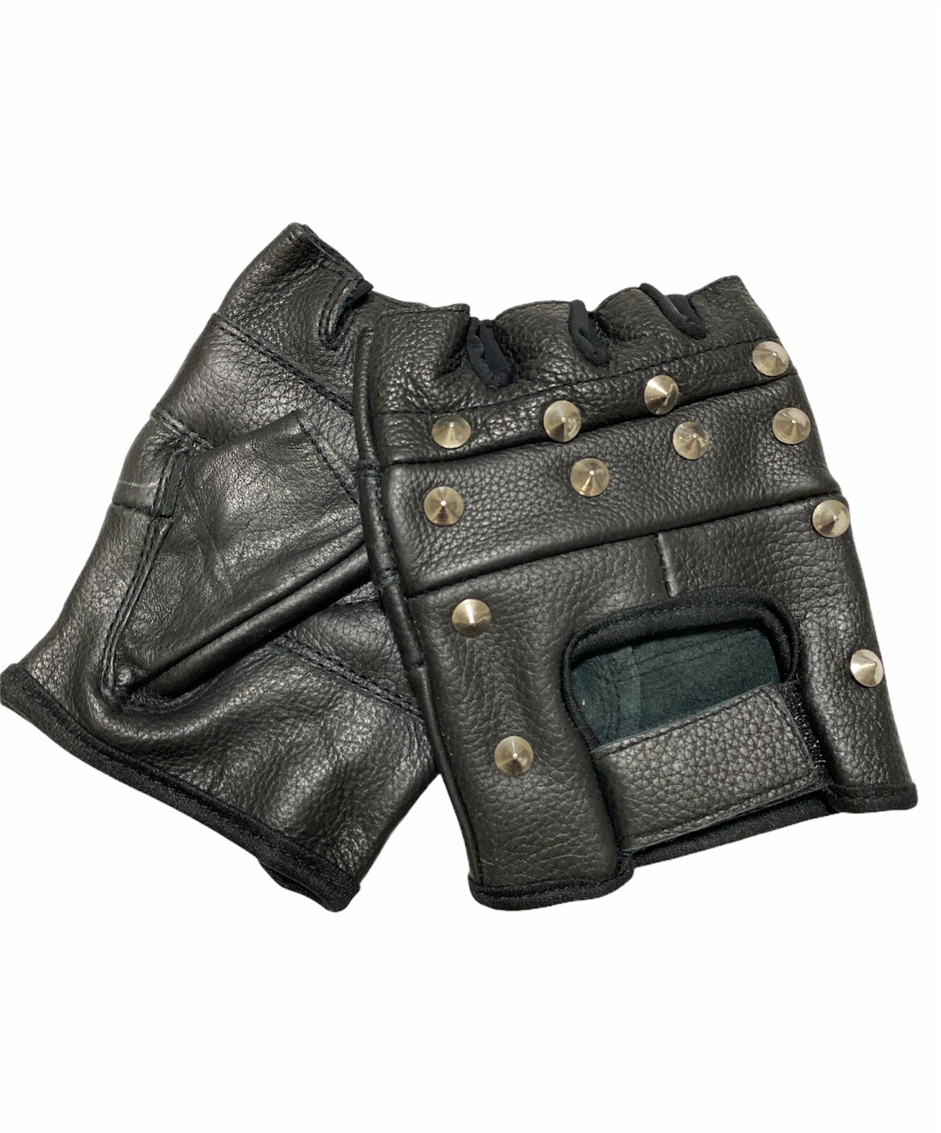 Genuine-Leather-Black-Leather-Fingerless-Mens-Studded-Gloves New