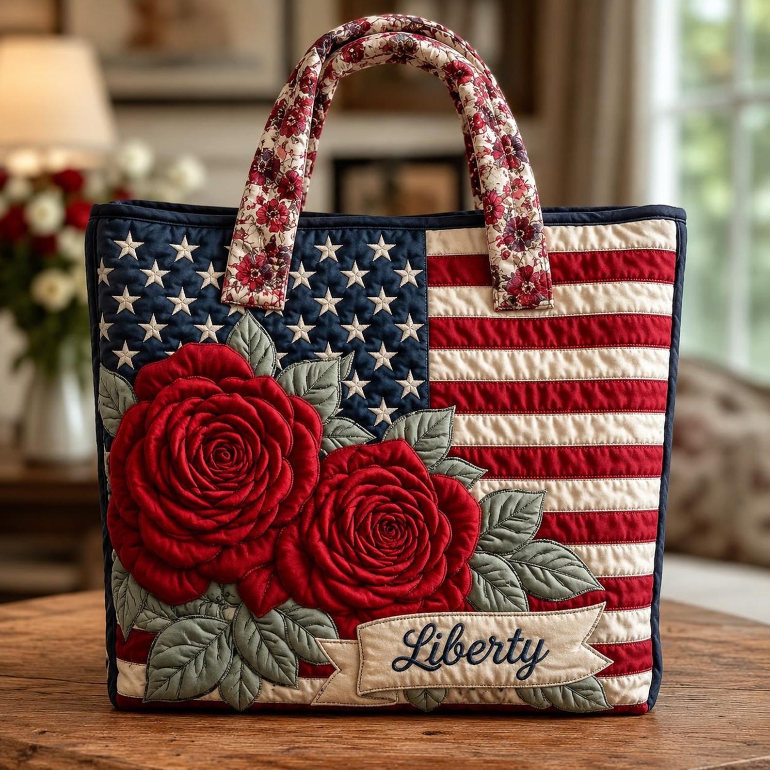 Quilted American Flag Tote Bag with Roses, Patriotic Shoulder Handbag