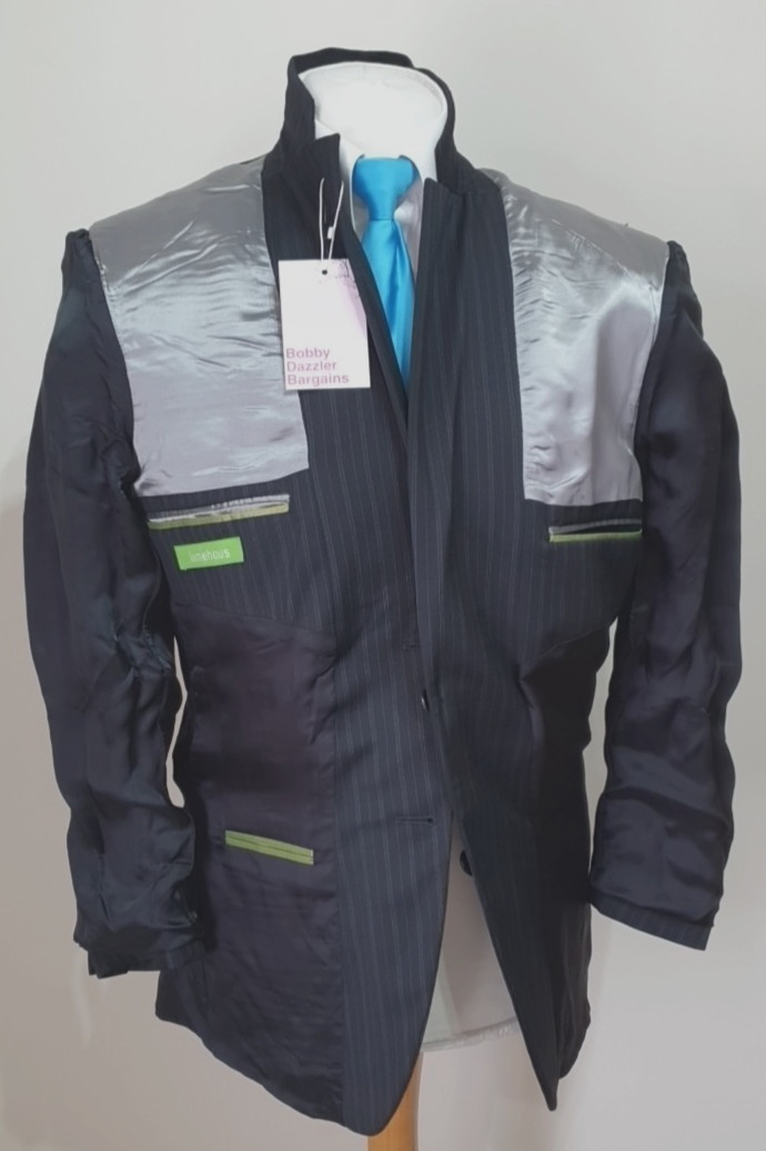 Limehaus mens 2 piece suit Ch38″S W30″ L29″ Black with blue pinstripe