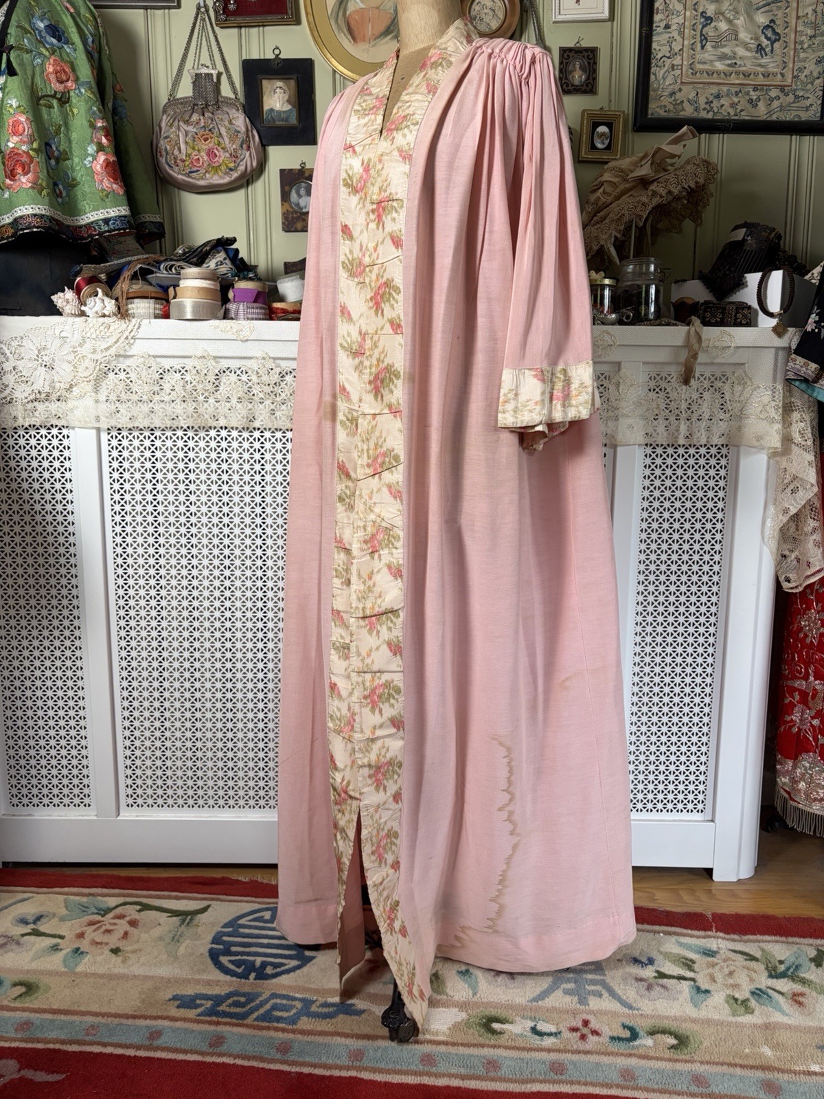 Antique Edwardian Dressing Gown Robe, Shirred Shoulders, Watered Roses Trim