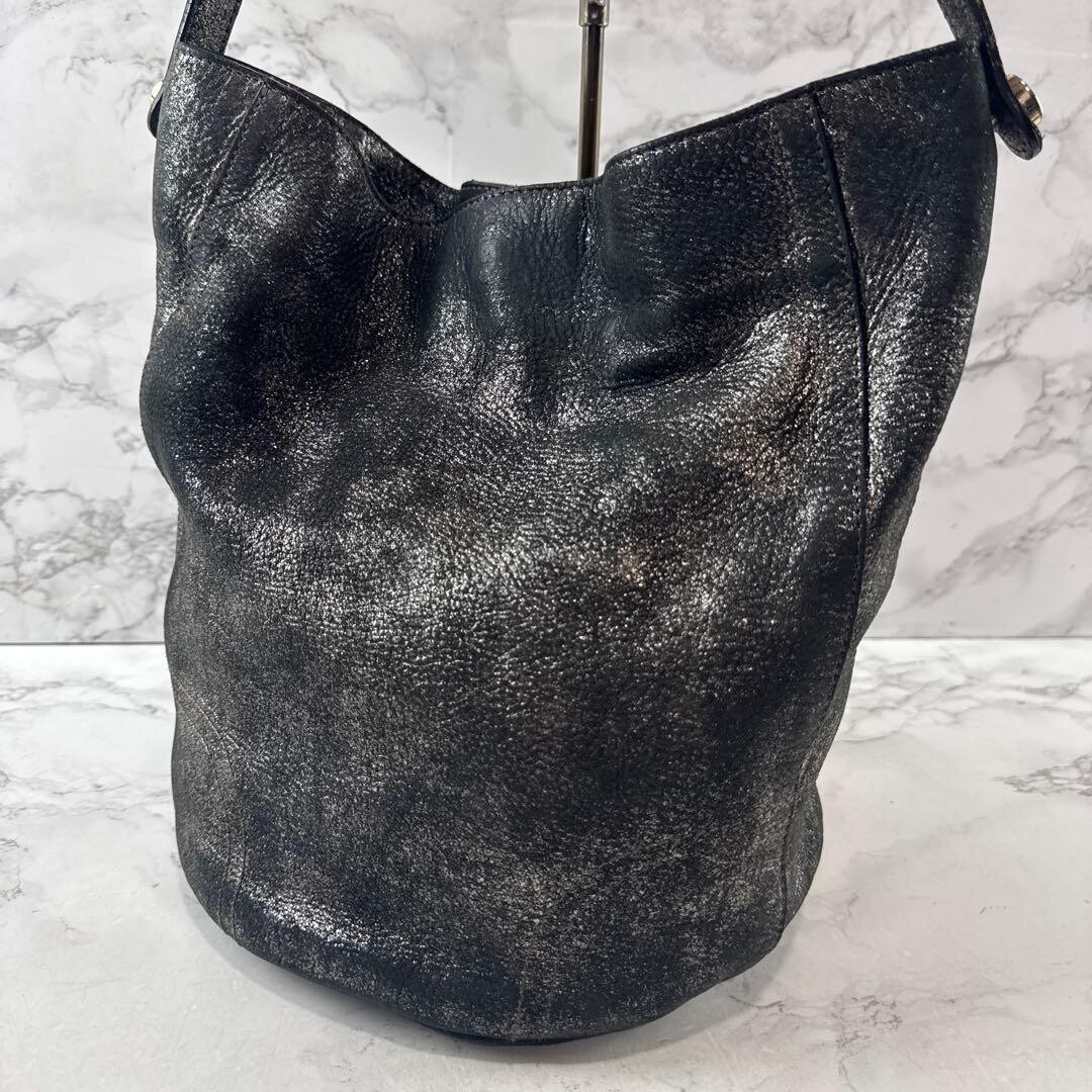 Furla Metallic Silver Leather Bucket Shoulder Bag Womens 10.4×9.8×7.9in