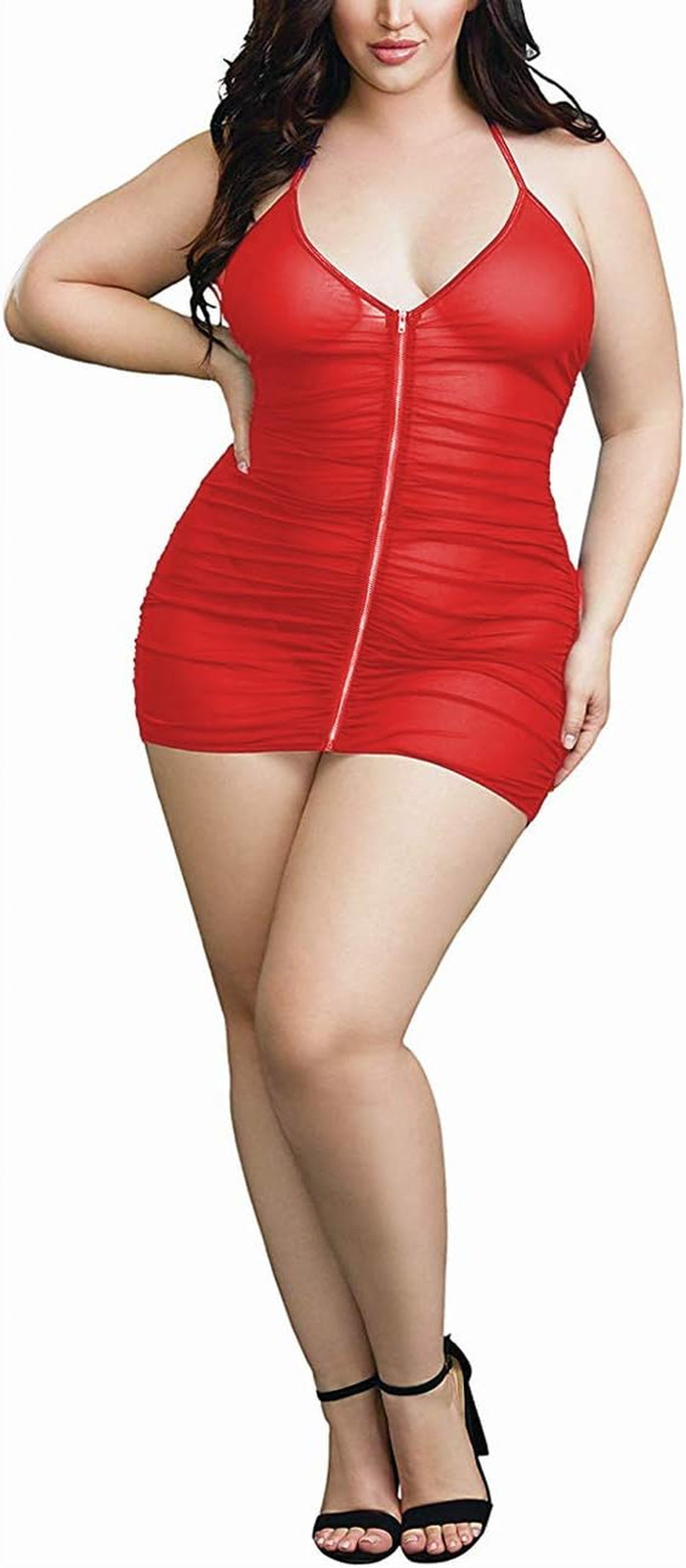Plus Size Sheer Stretch Mesh Babydoll Dress Zipper Shirring Halter Chemise Curvy