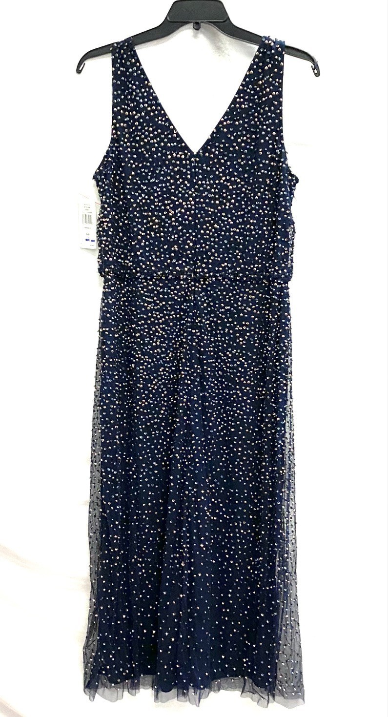 PISARRO NIGHTS Navy Copper Sequin Beaded Double V-Neck A-Line Maxi Gown Dress 14