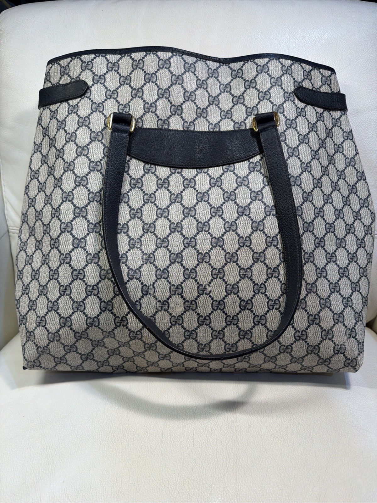 Gucci Tote Shoulder Bag Coated Canvas Gray Navy GG Pattern Accessories Collectio