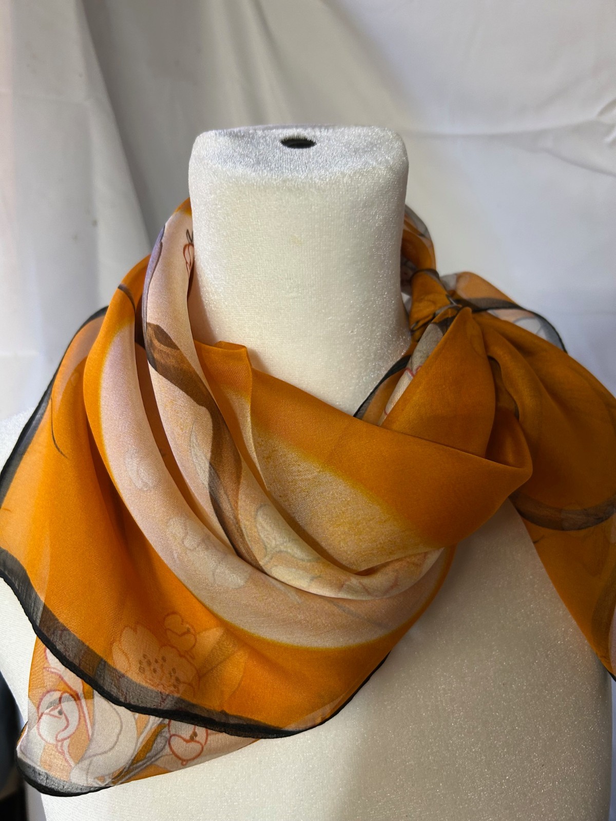 26 Inch Medium Square Orange, Tan and Black Floral Pattern 100% Silk Scarf-SS-33
