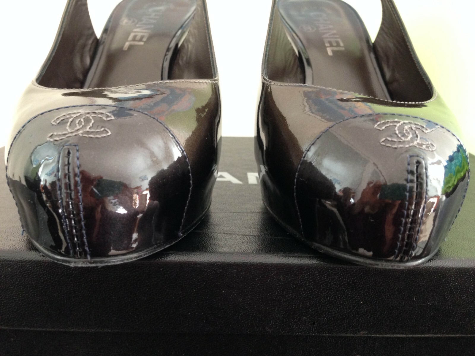 Auth Chanel CC LOGO TOE bronze w/ black slingback pumps box bags SZ 7 US 37 EU