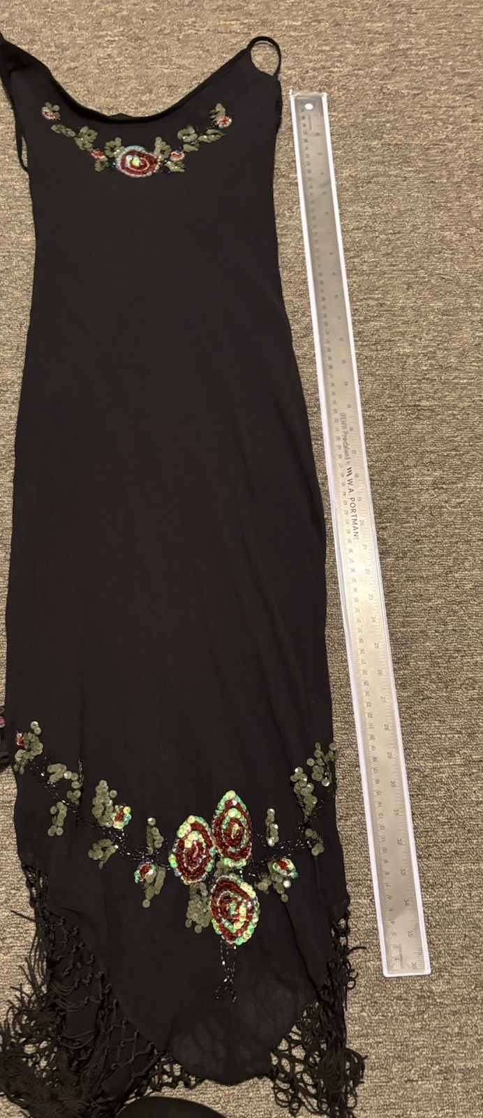 Vintage Betsey Johnson Size 6 Silk Black Sequin Fringe Stretch Mesh Midi Dress