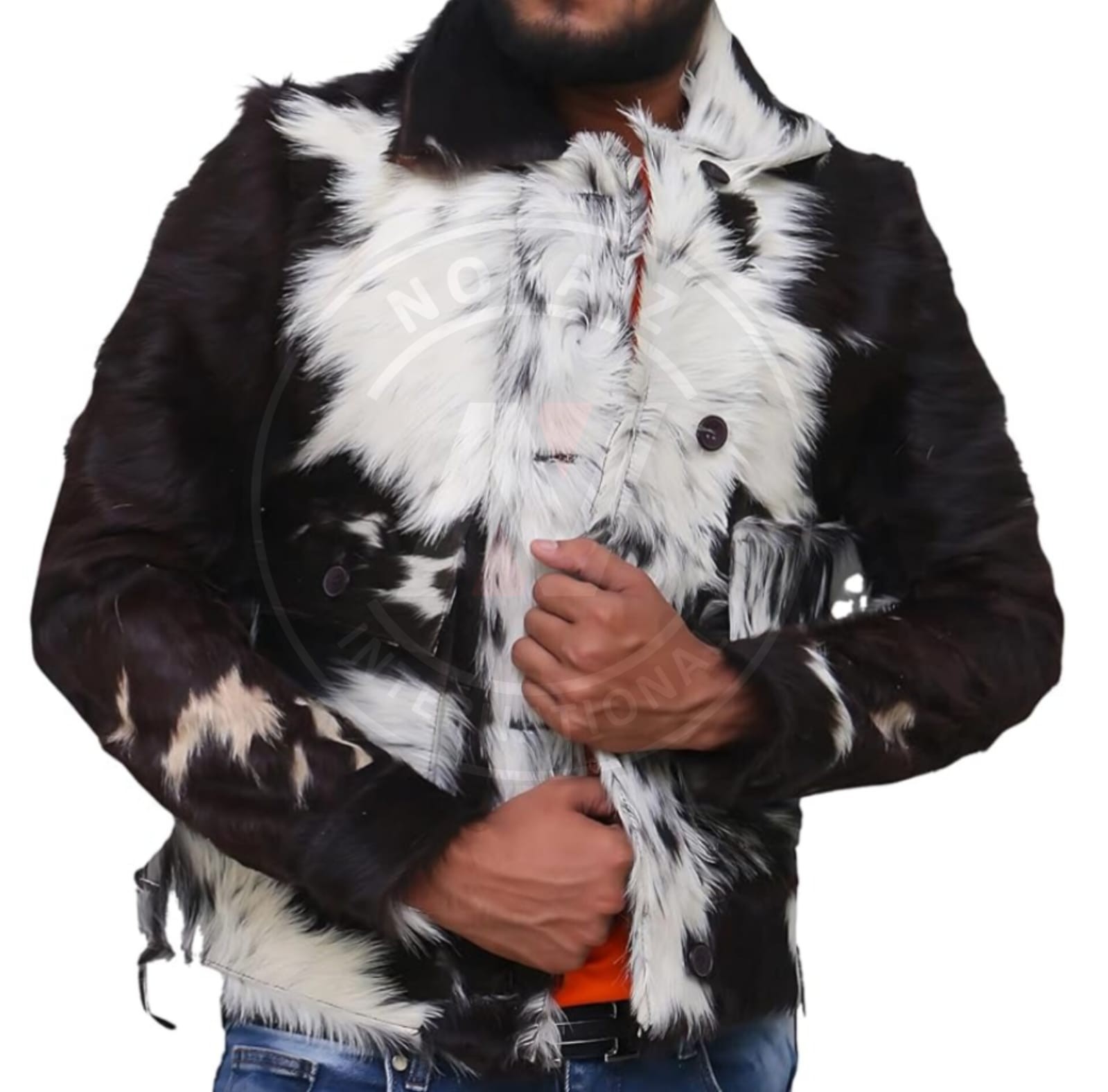 Men’s Cowhide Hair-On Leather Jacket Black White Animal Print Western Rodeo Coat