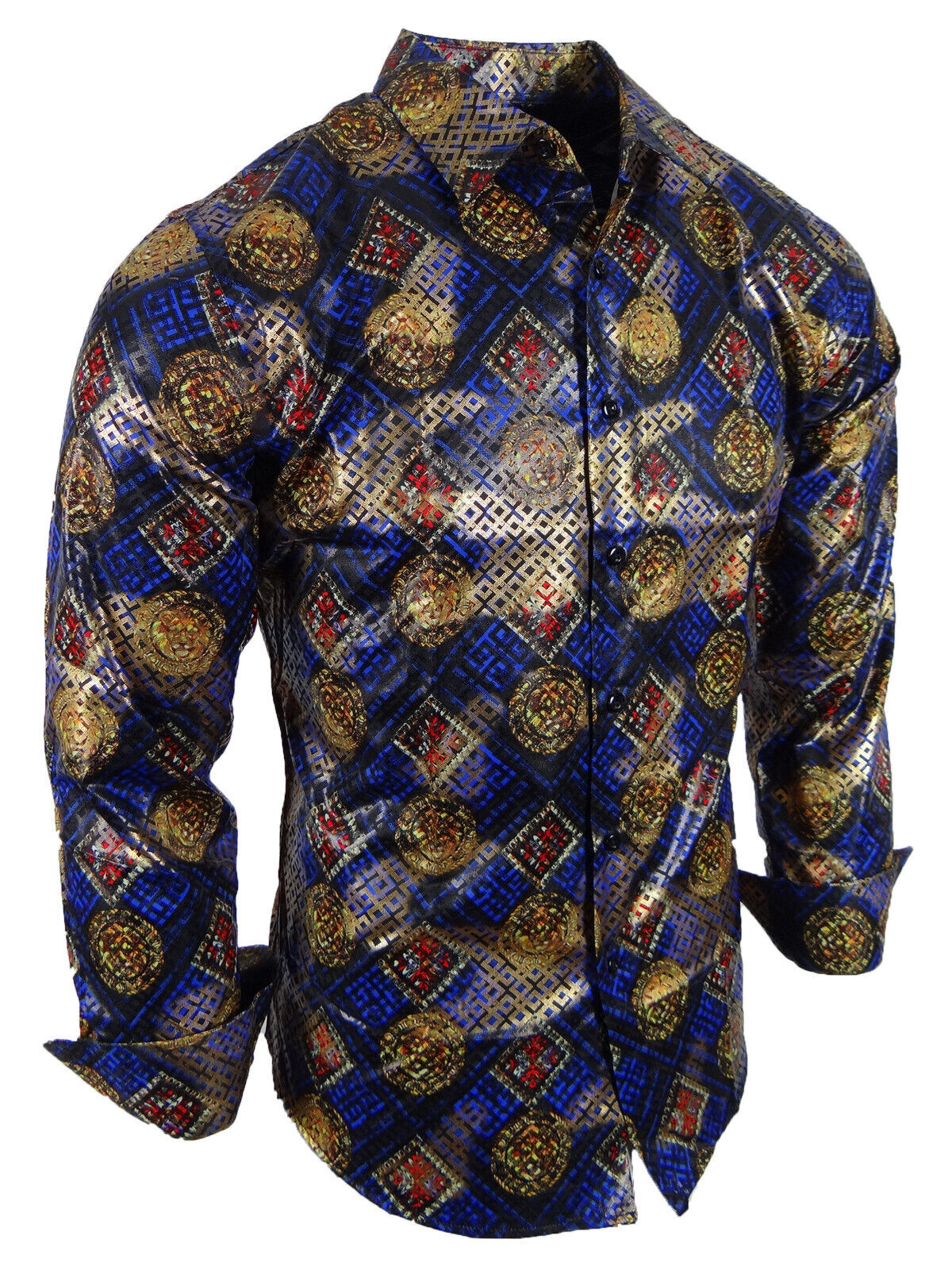 Mens Shirt Designer Italian Gold Leaf Stripe Overlay Stretch Slim Fit Button Up