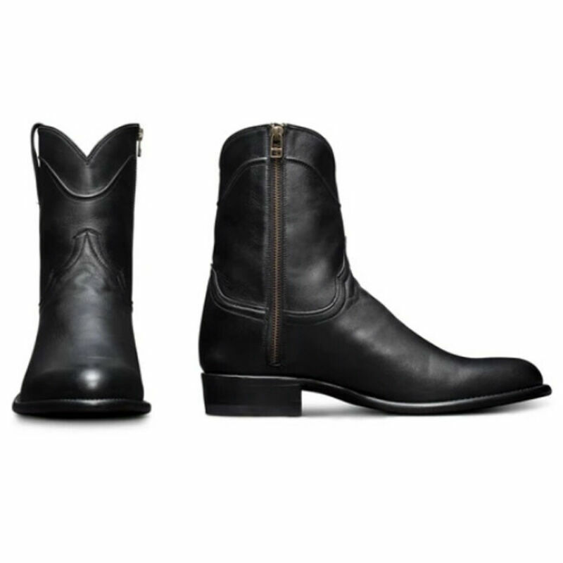 New Women Mens Leather Western Cowboy Short Calf Boots Flat Heel Zip Ankle Boots