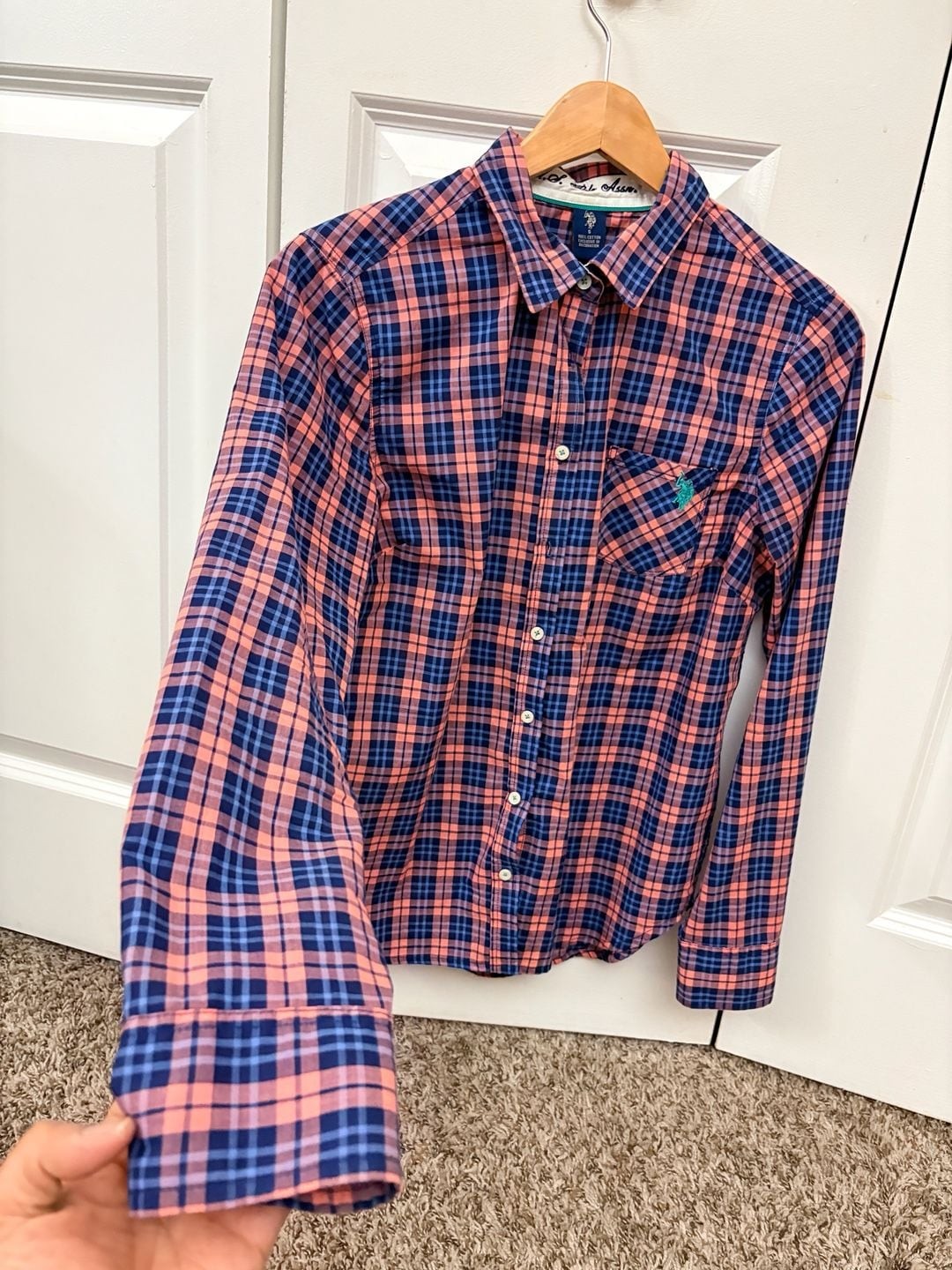 US Polo Association Botton Down Blue + Pink Plaid | Small Womens