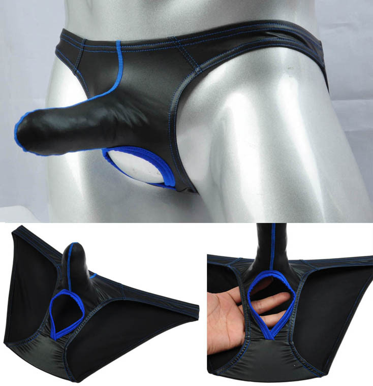 Blue Men Nuts Out Briefs Faux Ball Hole Underwear Long Pouch Thong Bikini Brief