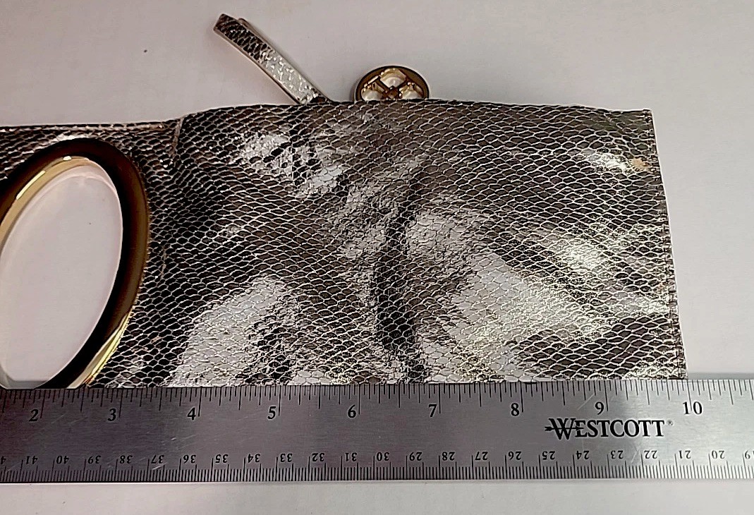 IMAN Metallic Metal Mesh Mini Clutch Silver Zippered Side Open Logo Metal Pull