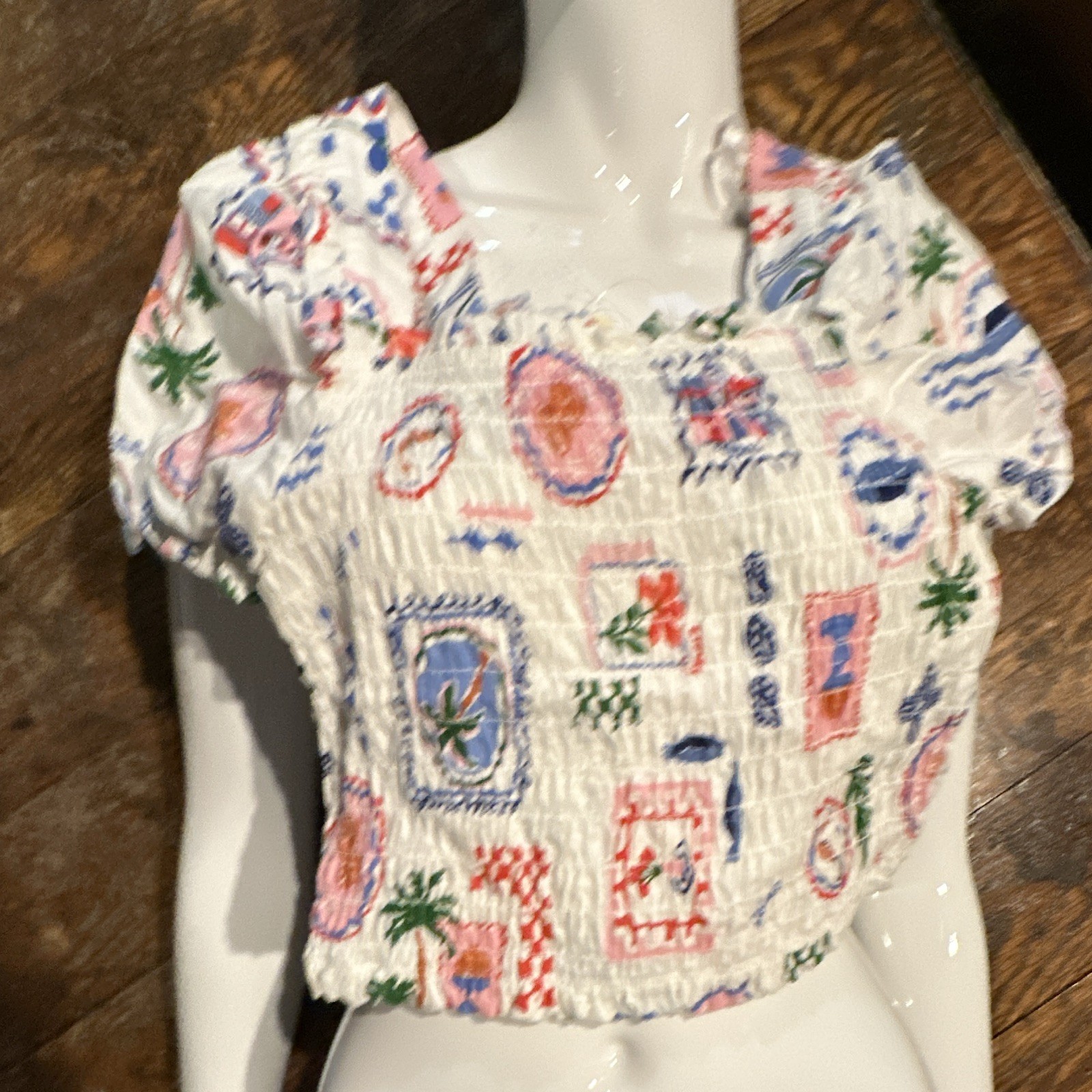 Monteau Los Angeles White Multicolor Geometric Square Neck Puff Crop Top S