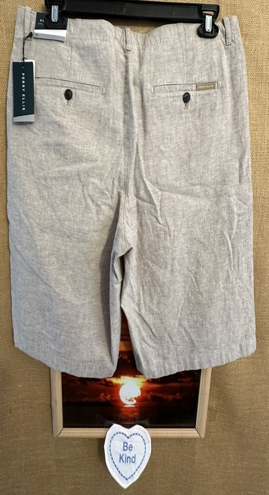 NWT Perry Ellis men’s 34 Khaki short flat solid pockets zipper relaxed drawstrin