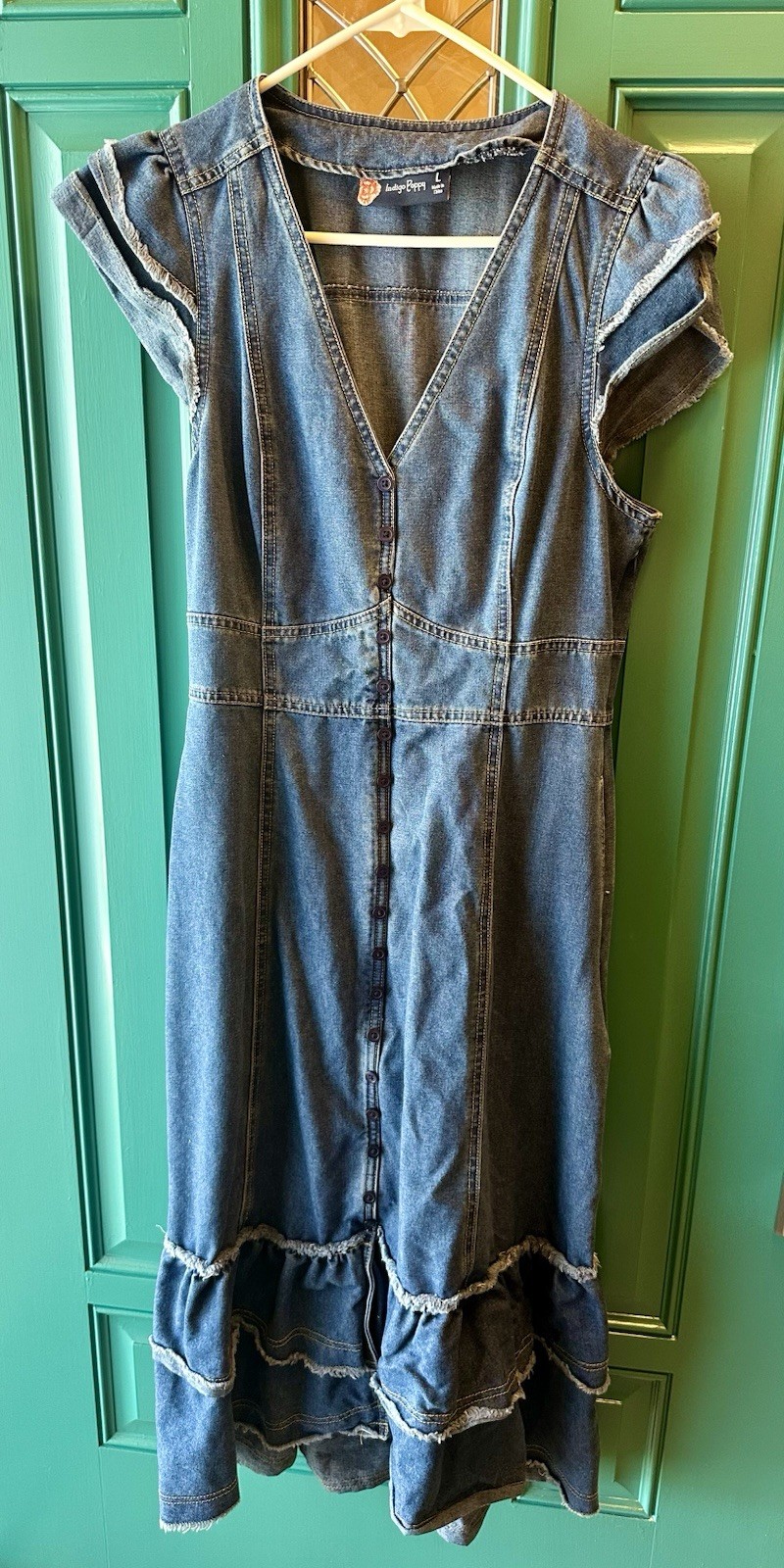 Indigo Poppy Frayed Layered Ruffle Denim Maxi Dress Large