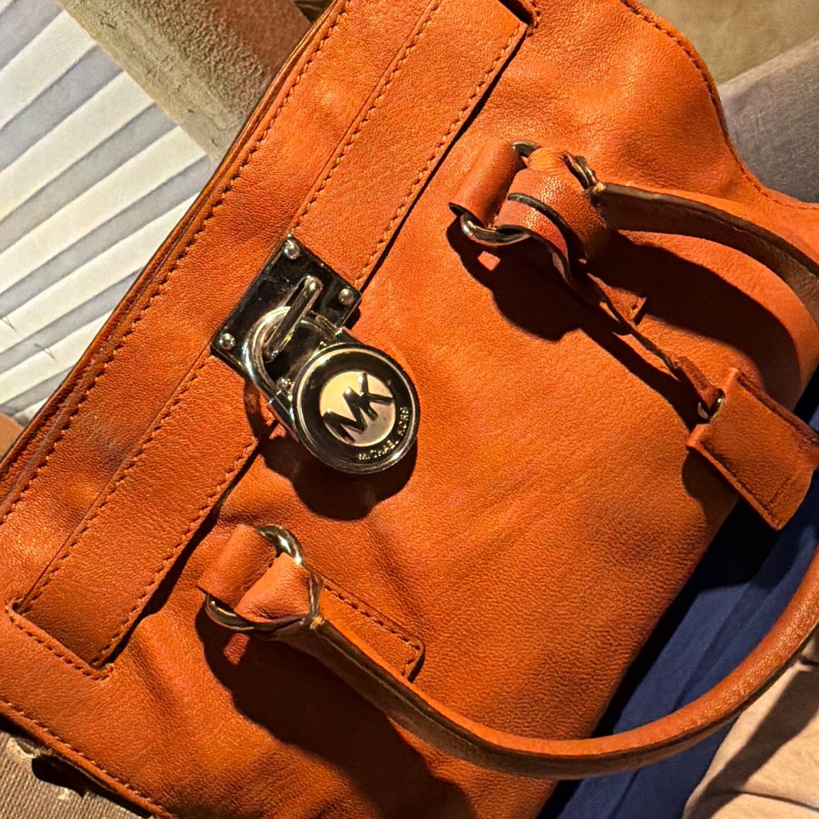 Michael Kors Brown Pebbled Satchel Turn Lock Silver Hardware Double Handles Key