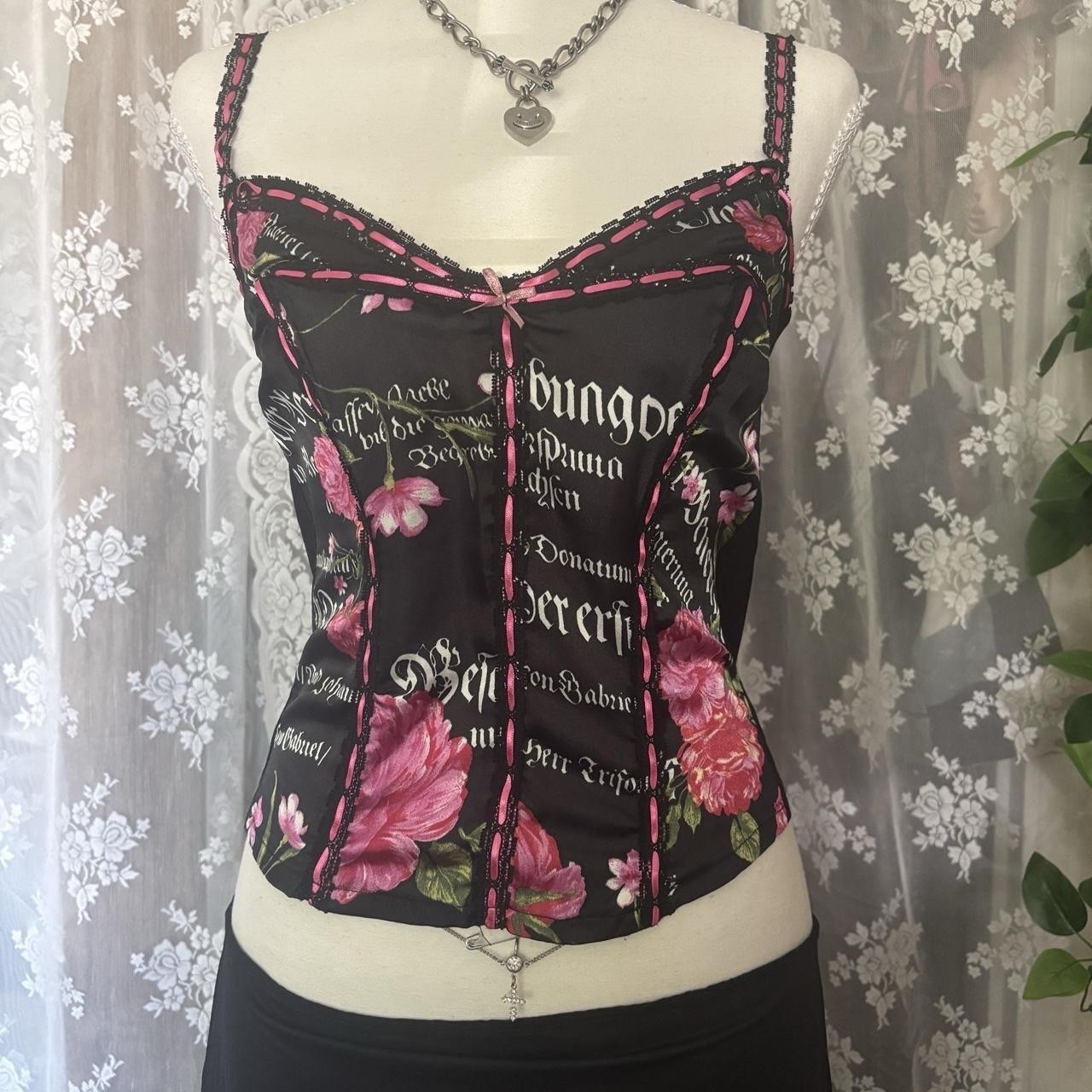 Morgan De Toi Corset Bustier Top Black Pink Floral Lace Ribbon Adjustable M