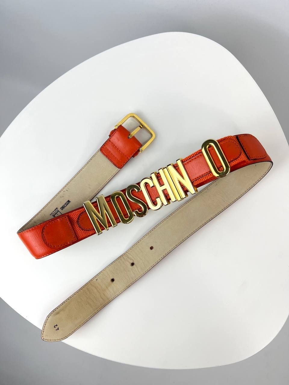 Vintage MOSCHINO Redwall Orange Leather Belt Gold Letter Logo Size 42 Italy Rare