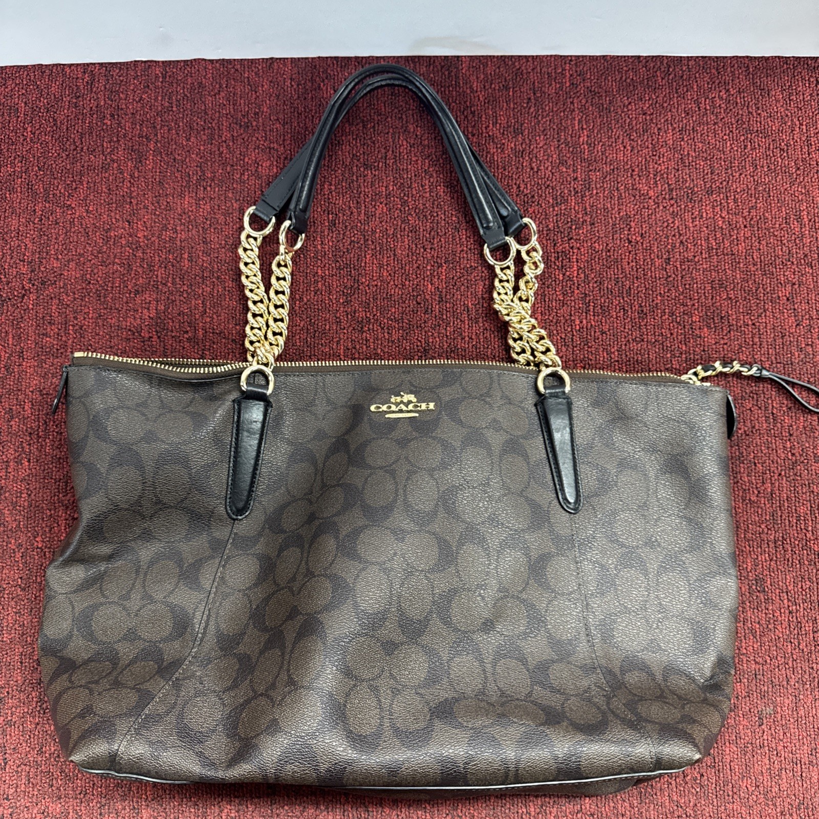 Coach Ava Chain Tote Signature Canvas Brown/Black Authentic Leather J1723-F23526