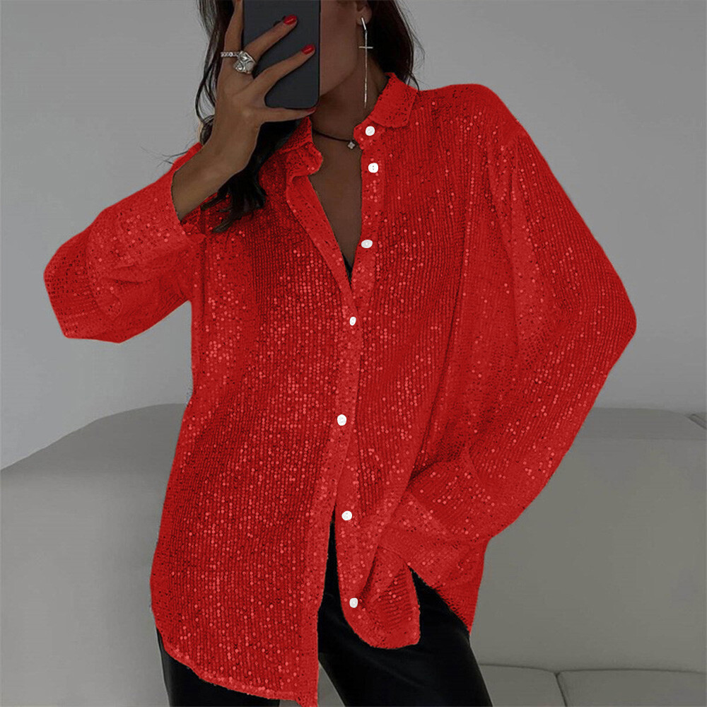 Womens Sequin Glitter Shiny Button Down Shirt Ladies Clubwear Party Tops Blouse