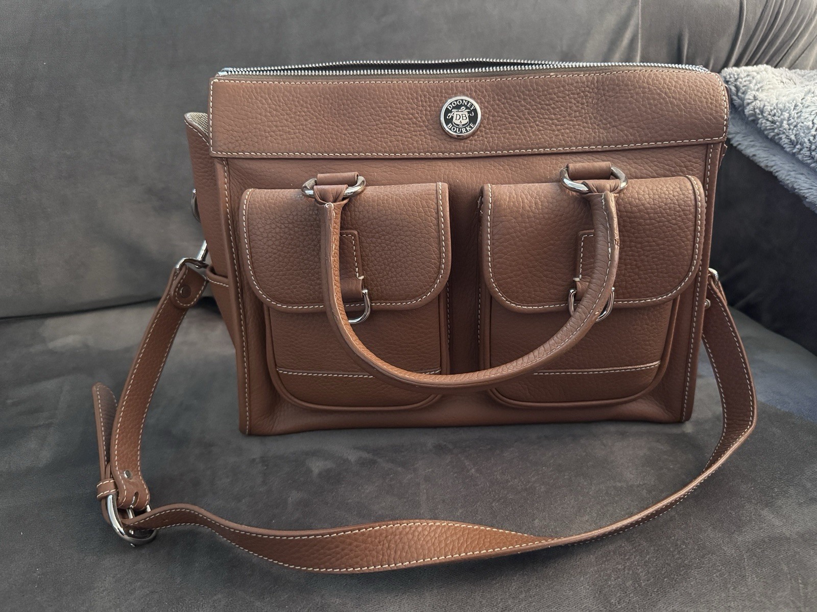 Dooney & Bourke Pebbled Leather Double Pocket Tote Satchel Brown Shoulder Bag