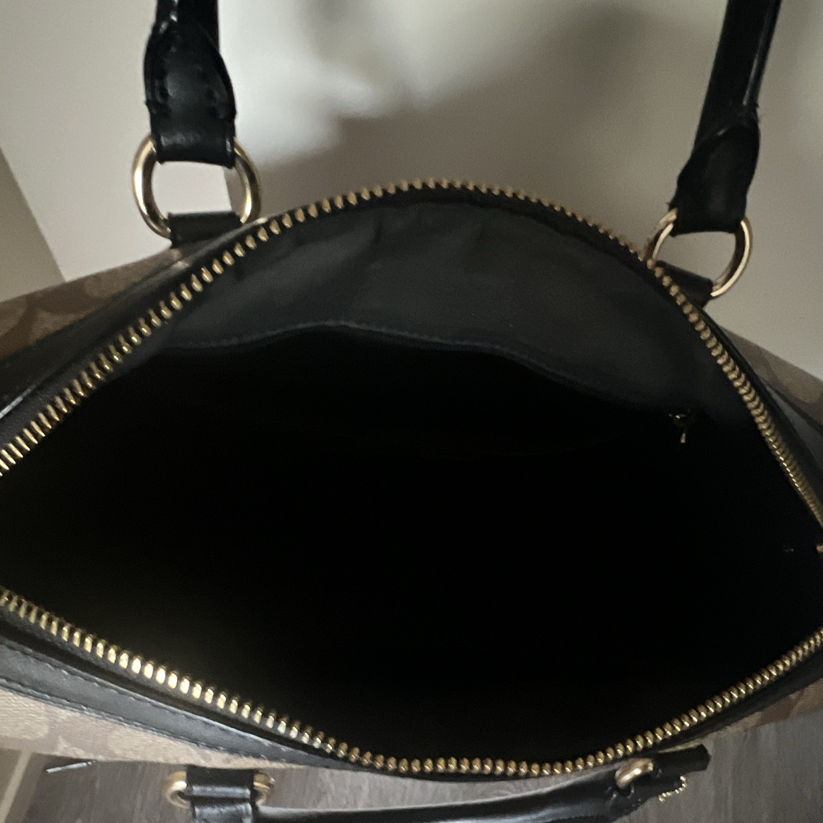 Coach Signature Logo Satchel Top Handle Zip Bag Charm Brown Black Gold Hardware