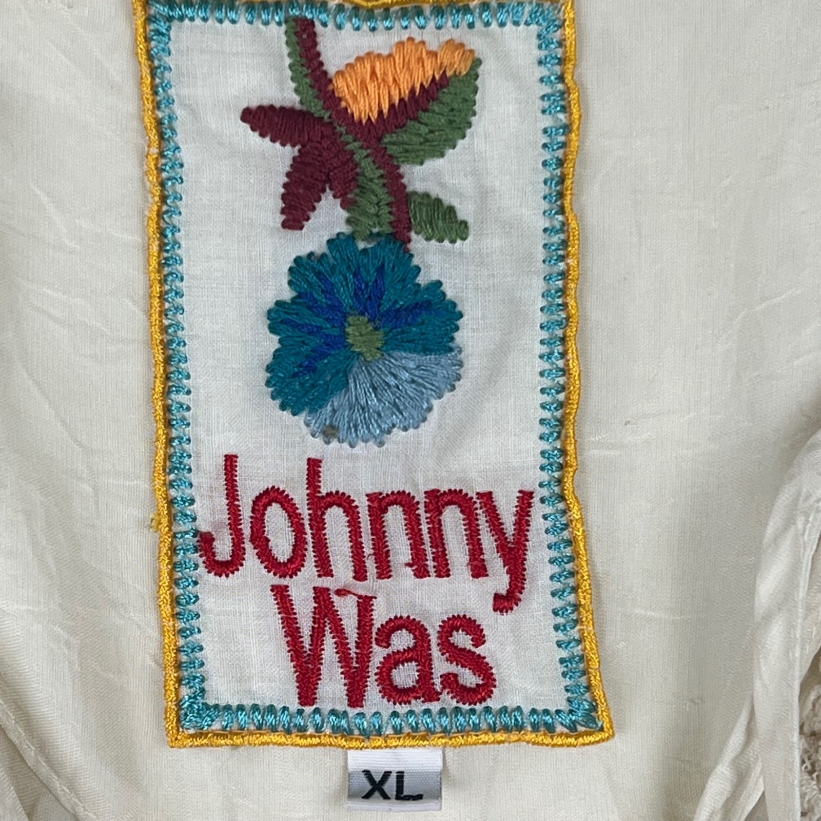 Johnny Was Ivory Eyelet Embroidered Lace Trim Boho Peasant Blouse XL Off White