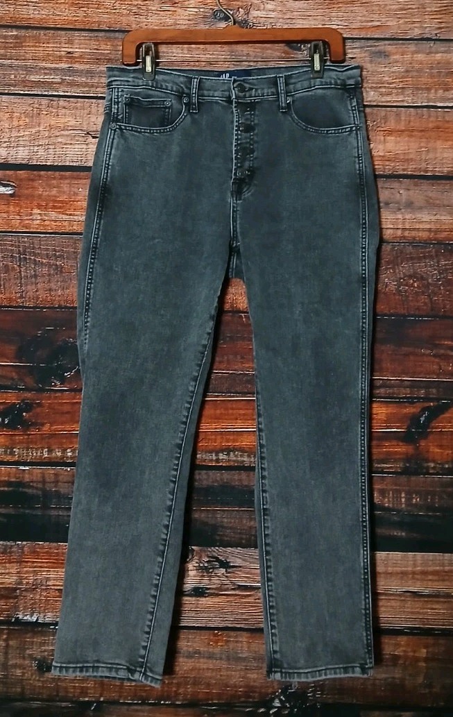 GAP Jeans 31 12 High Rise Vintage Slim Ankle Crop Button Fly Washed Black Denim