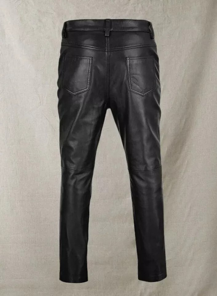 Men’s Black Leather Zipper Biker Pants Real Lambskin Custom Size 28 to 40 – 002