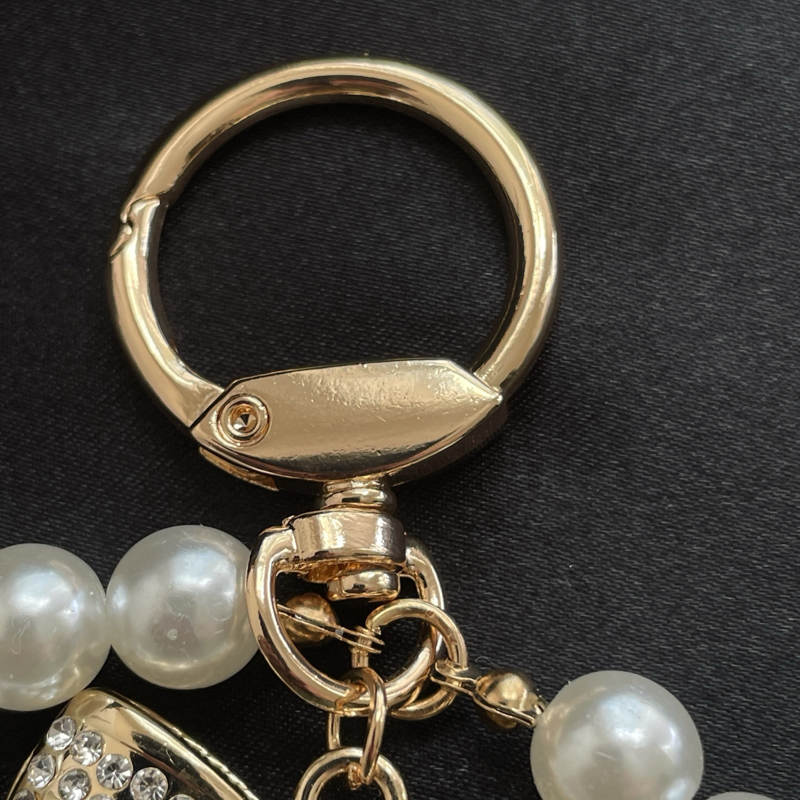 Coquette Pearl Bow Bag Charm Keychain Gold Tone Rhinestone Purse Accessory