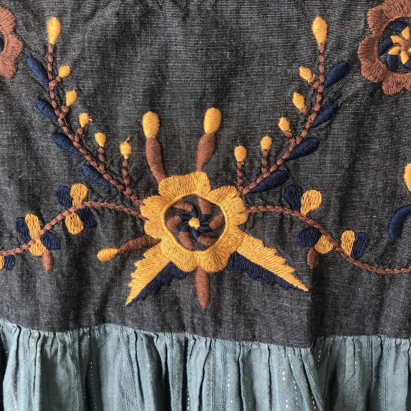 Celestial Top Womens XL Blue Embroidered Puff Sleeve Boho Peasant Festival