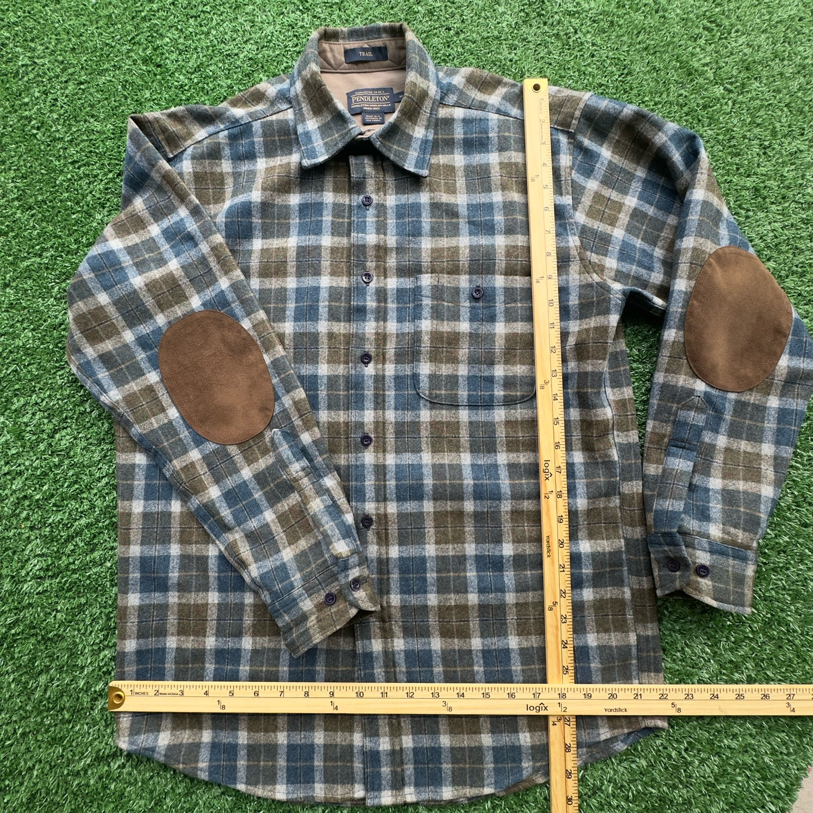 Pendleton Trail 100% Wool Button Down Shirt Elbow Pads Mens Medium Blue Plaid