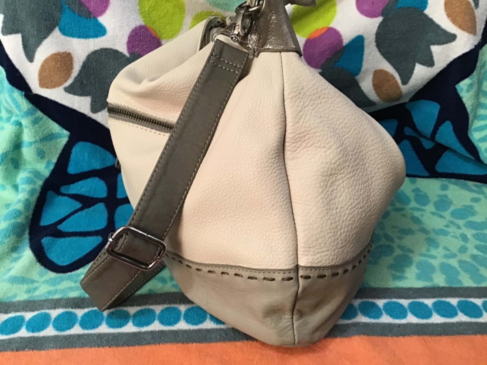 The Sak Gray, Bone & Metallic Leather Shoulder Bag or Crossbody – 14W x 11H x 4D