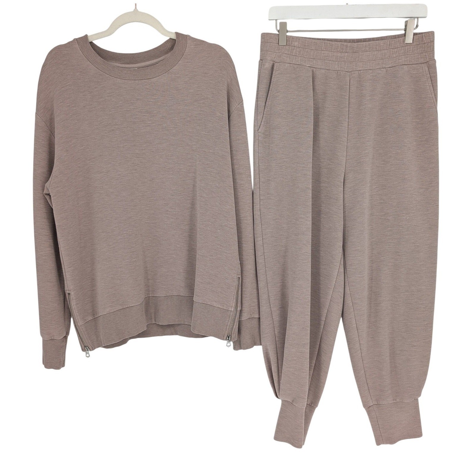 Varley DoubleSoft Gabriella Sweat & Relaxed Pant Set Women L Taupe Athleisure