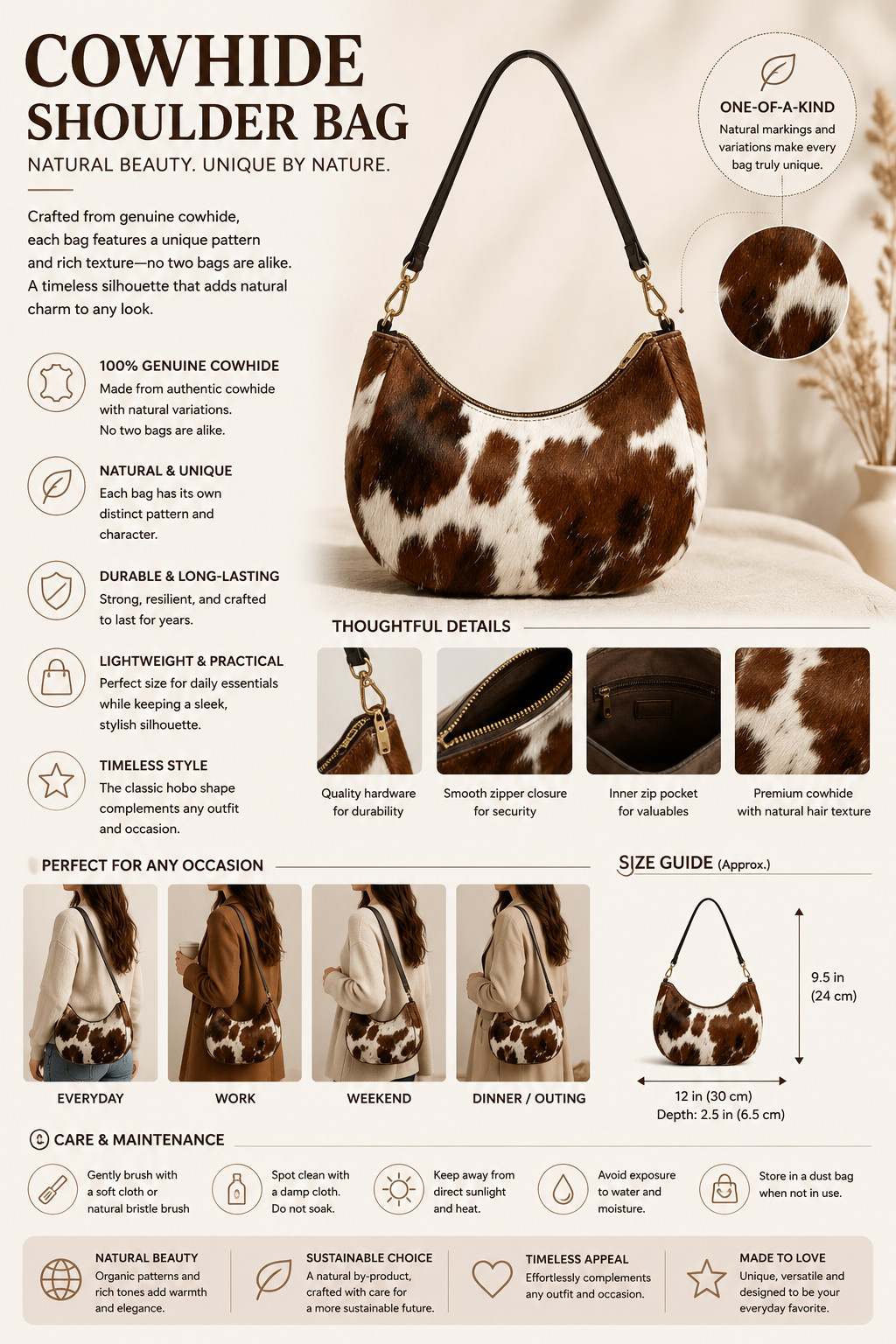 Genuine Cowhide Leather Tote Bag Hair-On Brown White Shoulder Handbag Western