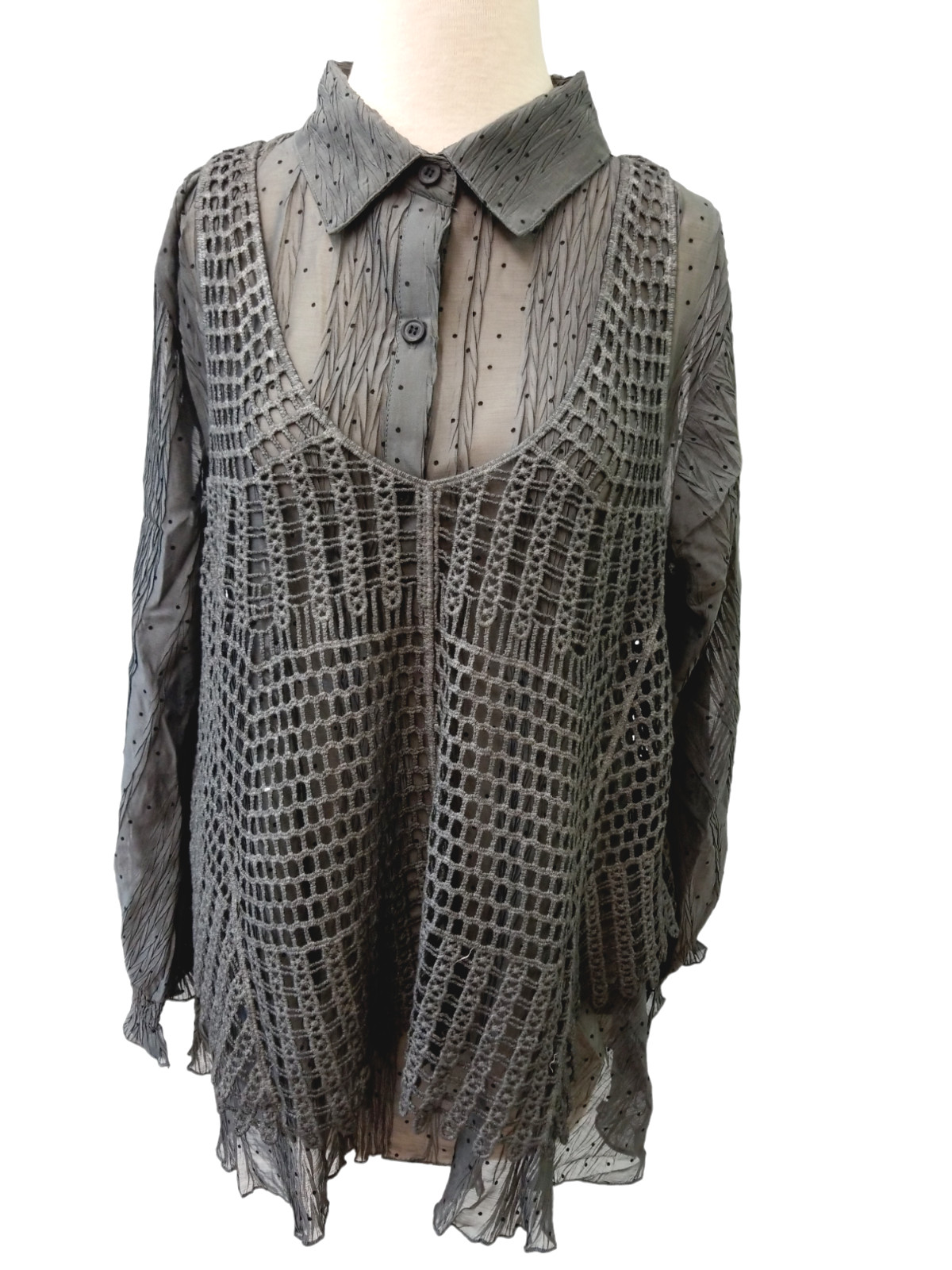 Pretty Angel Blouse Womens Large Gray Long Sleeve Crochet Overlay 2 Piece New