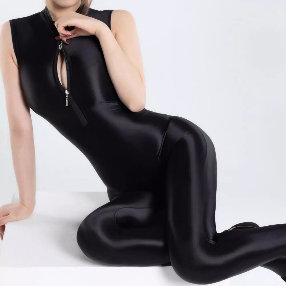 S-XL Wet Look Shiny 2 Way Zipper Bodysuit Glossy Footed Zipper Crotch Jumpsuits
