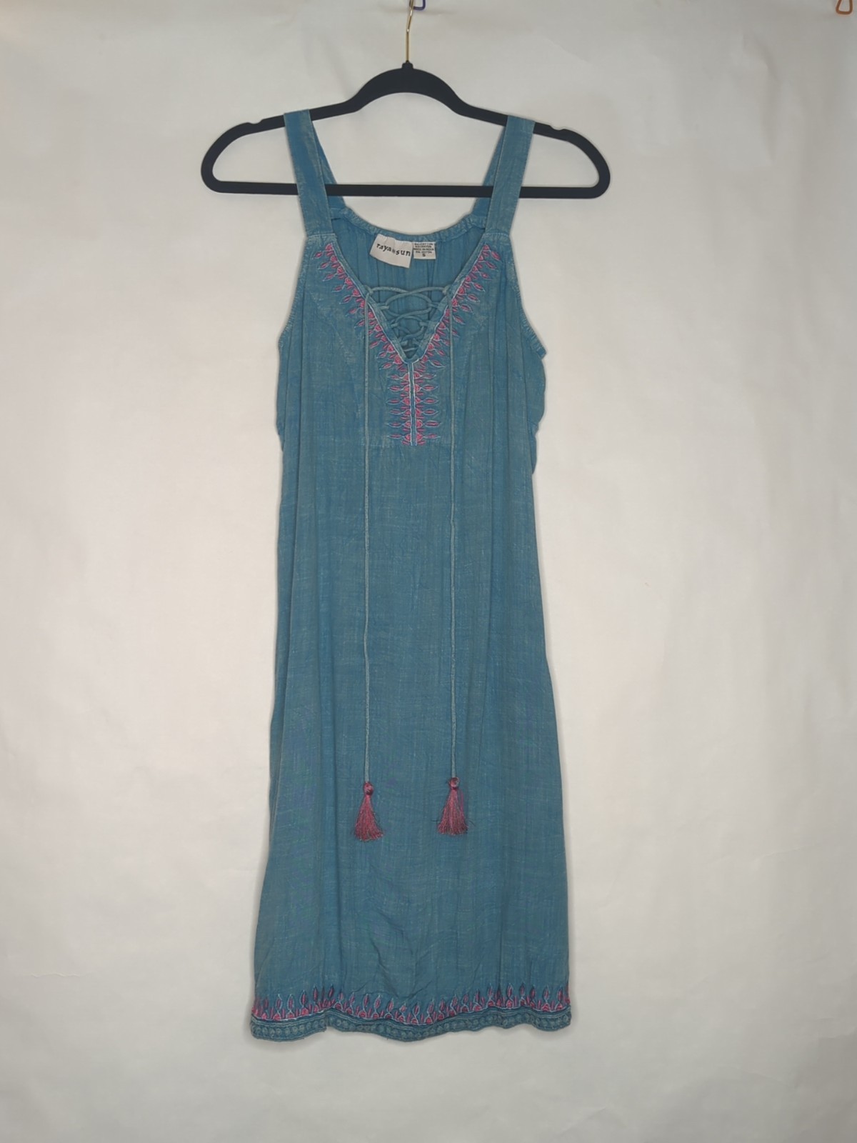 Raya Sun Dress Sz Small Boho Embroidered Shift Blue Festival Coastal Tassels Fun