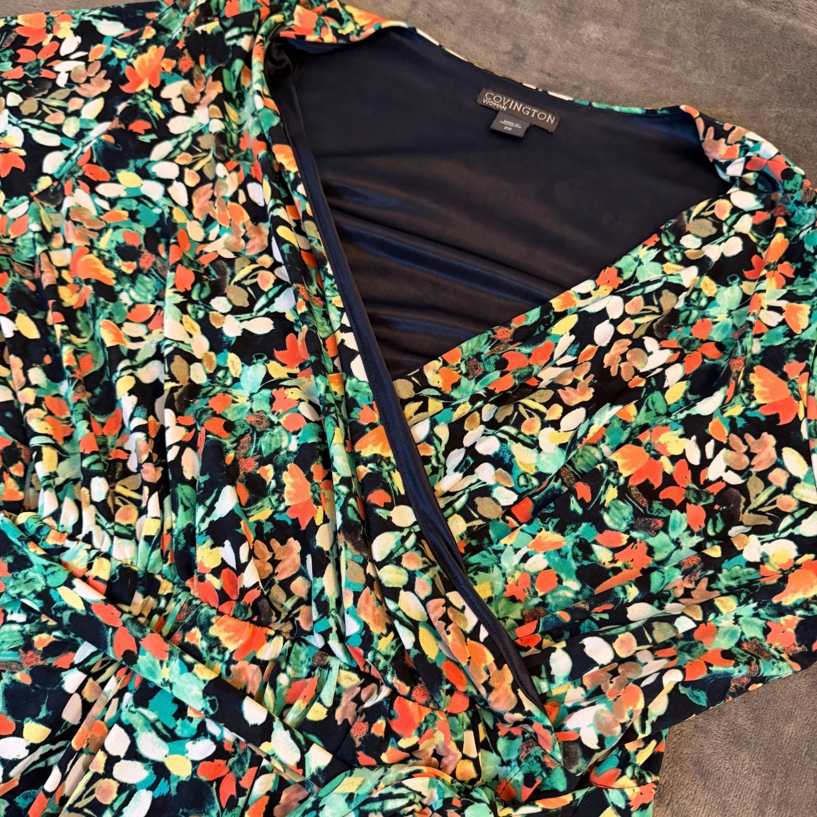 Covington Faux Wrap Dress Womens 2X Multicolor Floral Short Sleeve Stretch