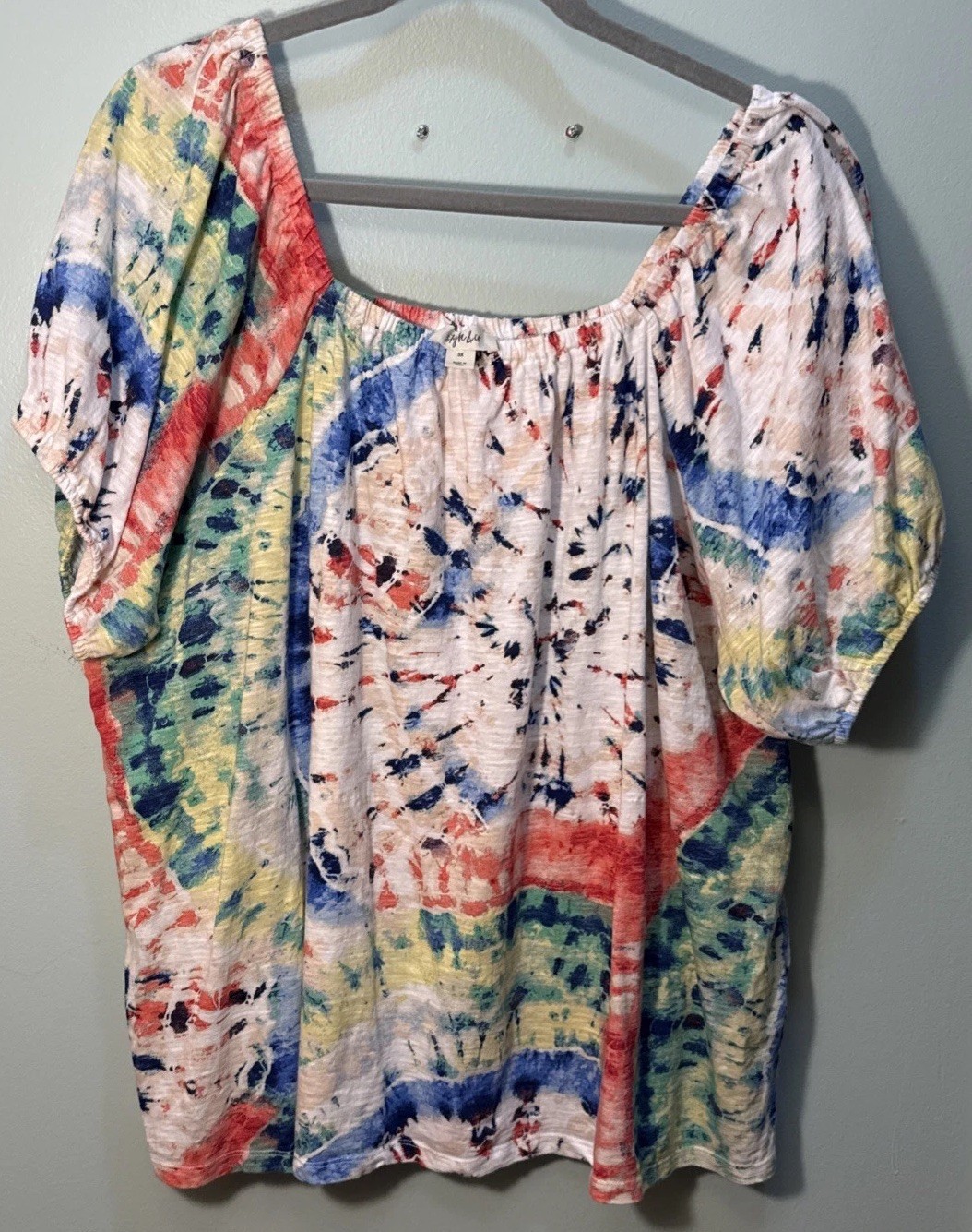 Style & Co Plus 3X On/Off The Shoulder Top Spiral Tie Dye 100%Cotton Puff Sleeve